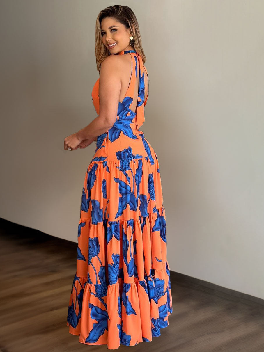 Women's Printed Elegant Halter Large Swing Dress Dresses
