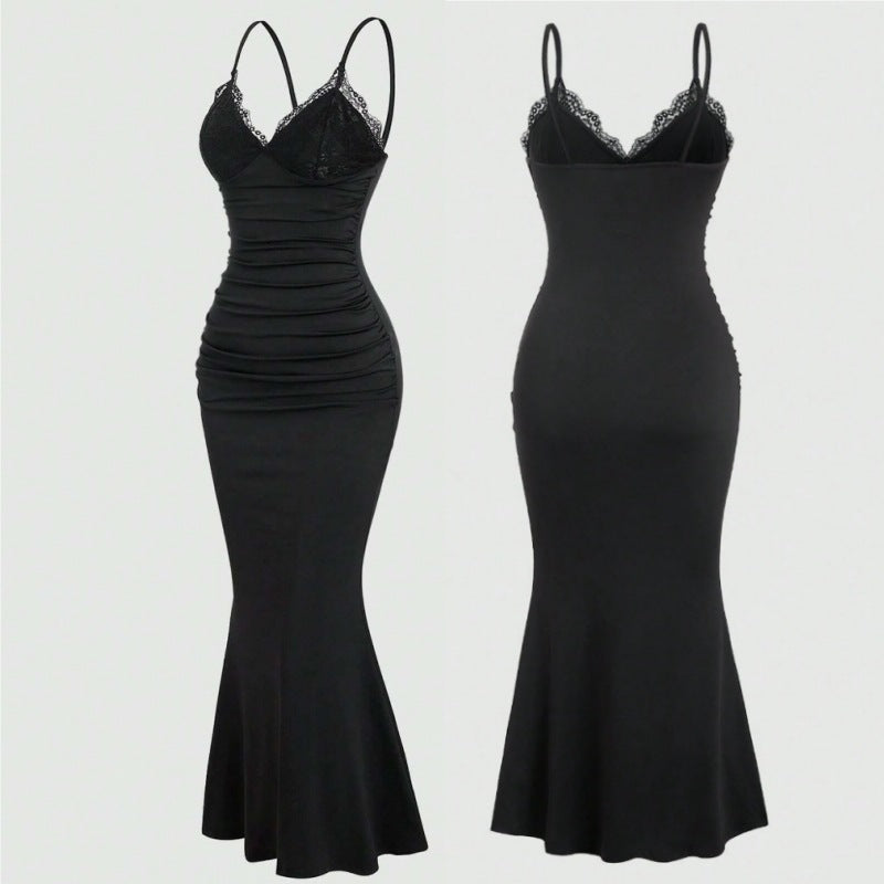 Women's American Elegant Lace Stitching Solid Color Pleated Fishtail Hem Suspender Dress