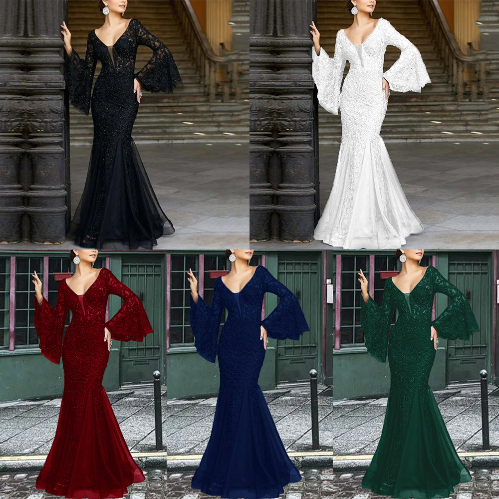 Lace Elegant Sexy Slim Fishtail Long Banquet Female Black Dress