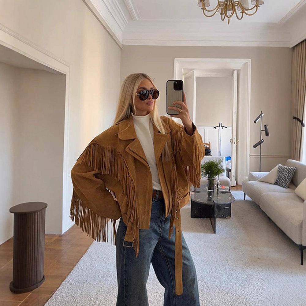 Women's Retro Style Lapel Tassel Wide Shoulder Coats