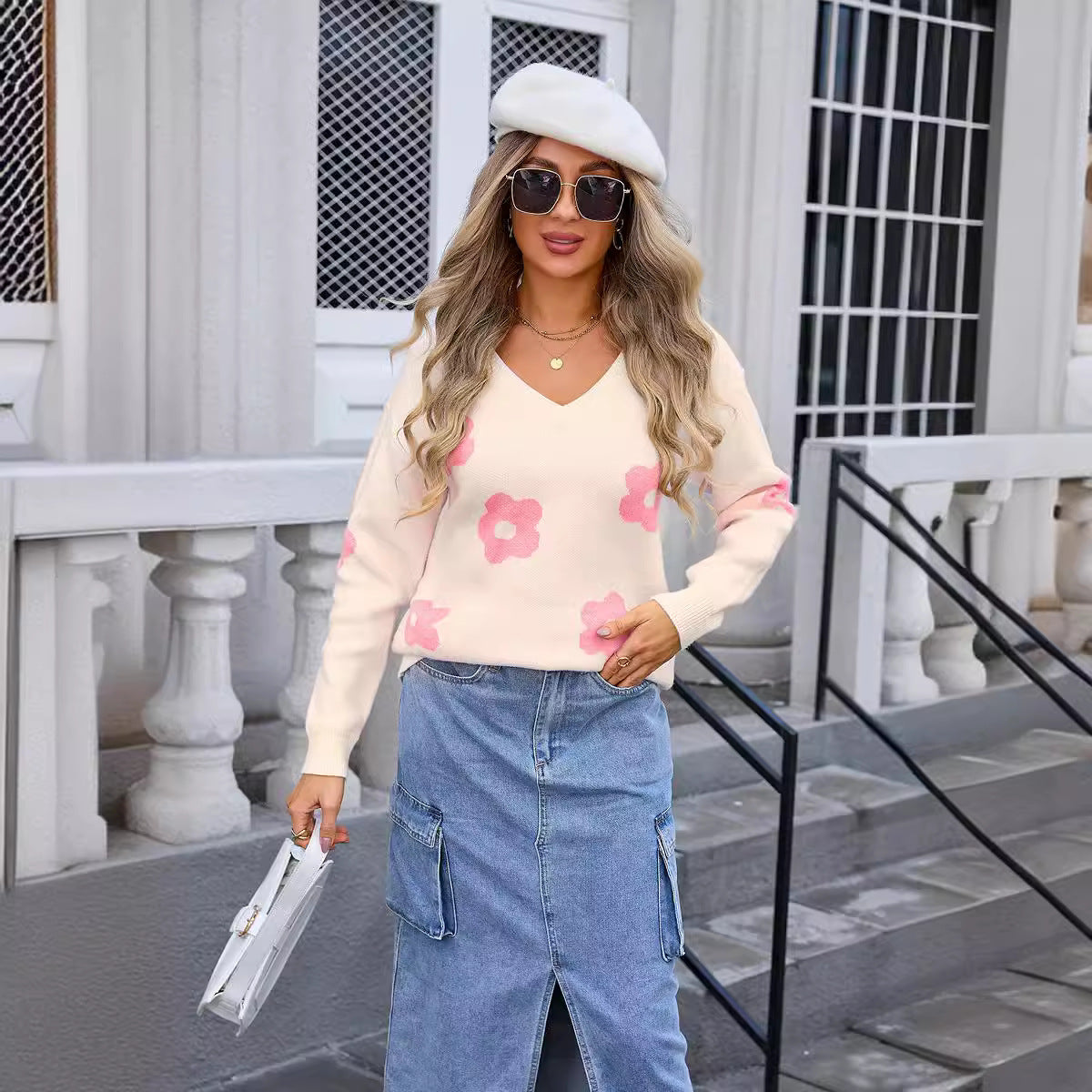 Classy Fashion Large Long Sleeve Flower Sweater