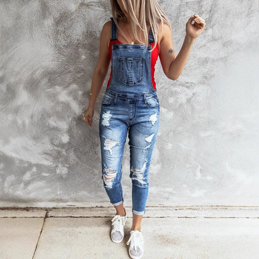 Women's Fashion Holes Slim Stretch Female Strap Jeans