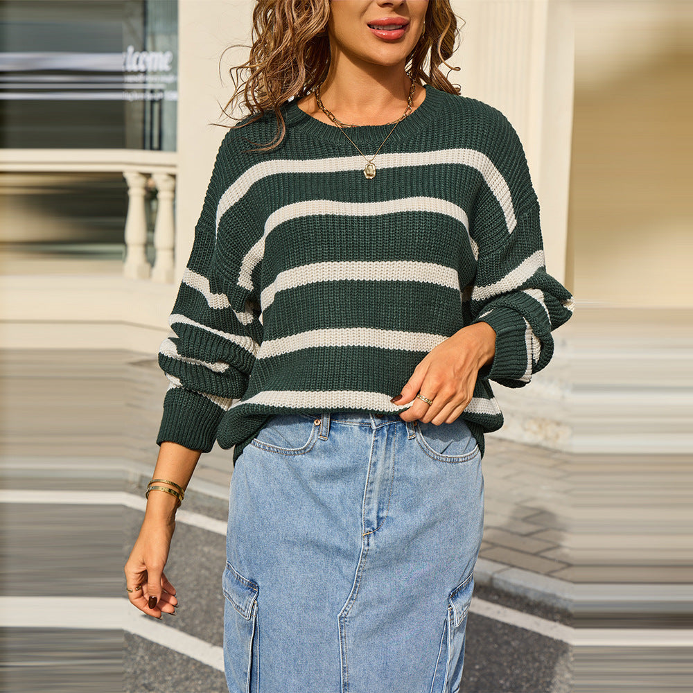 Women's Color Striped Retro Loose Lazy Style Sweater