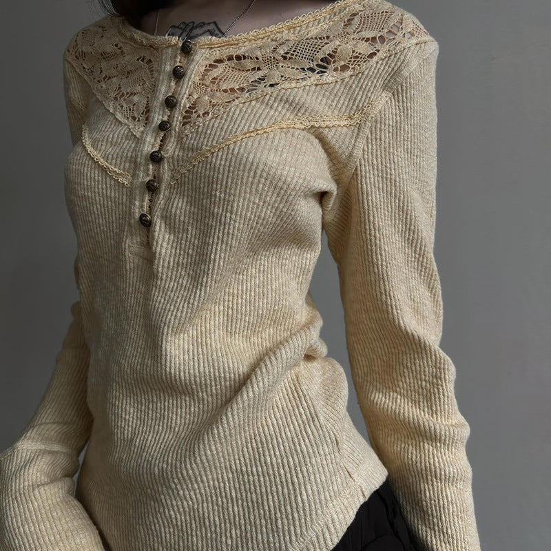 Women's Lace Stitching Split Breasted Round Neck Slim Fit Blouses