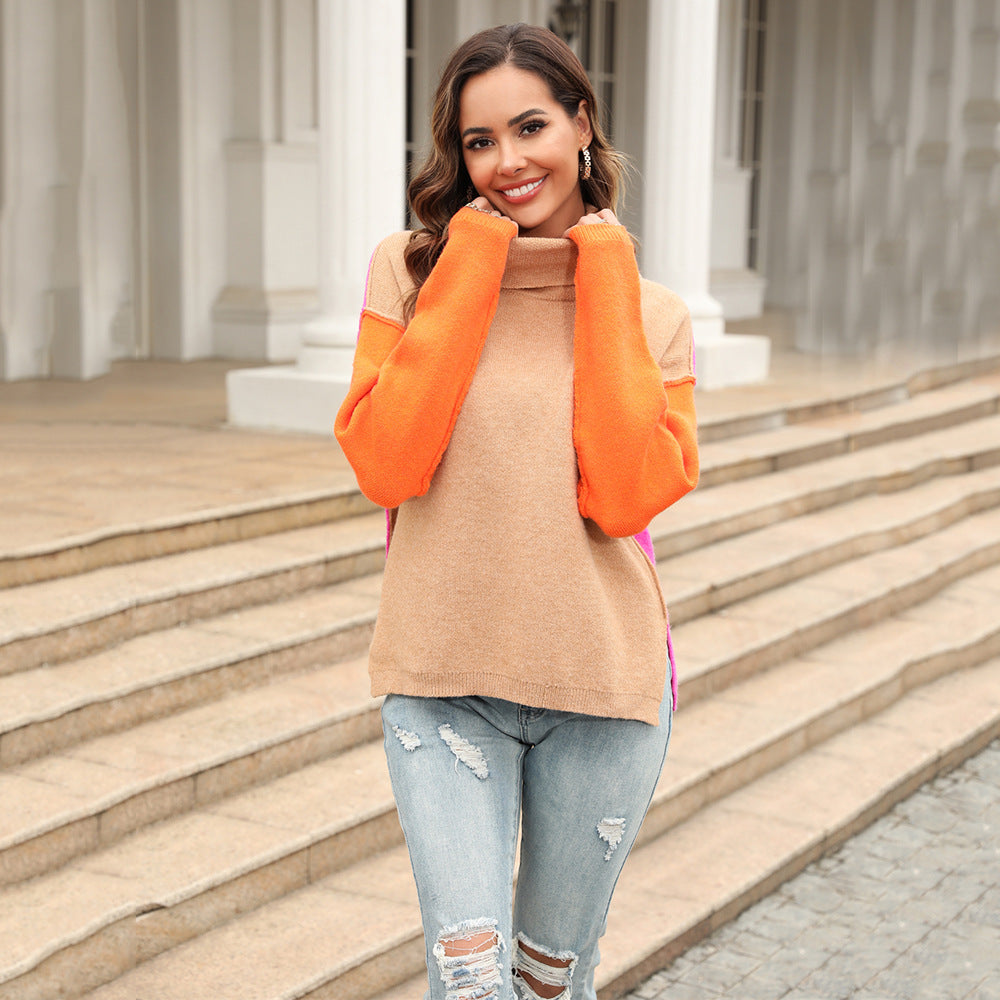 Women's Spring Stitching Fashion Turtleneck Pullover Tide Sweater
