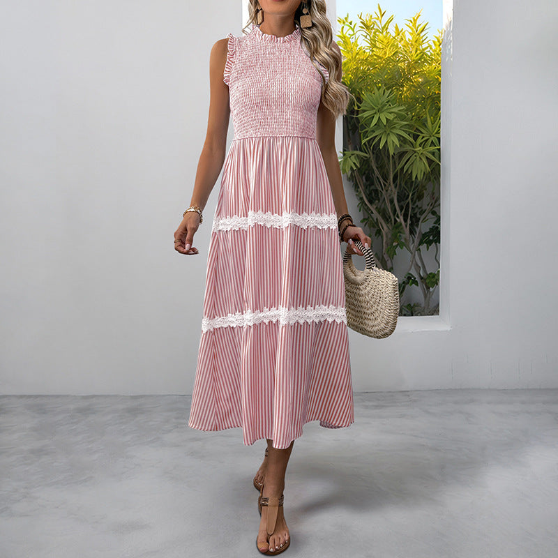 Women's Sleeveless Long Jumper Dress Smocking Striped Dresses