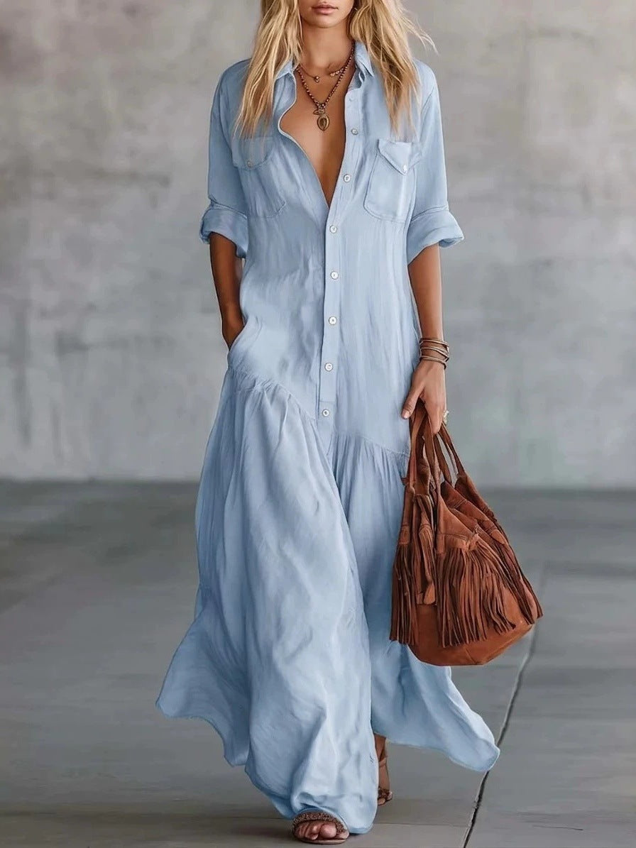 Women's Breasted Sleeve Casual Vacation Style Solid Color Dress