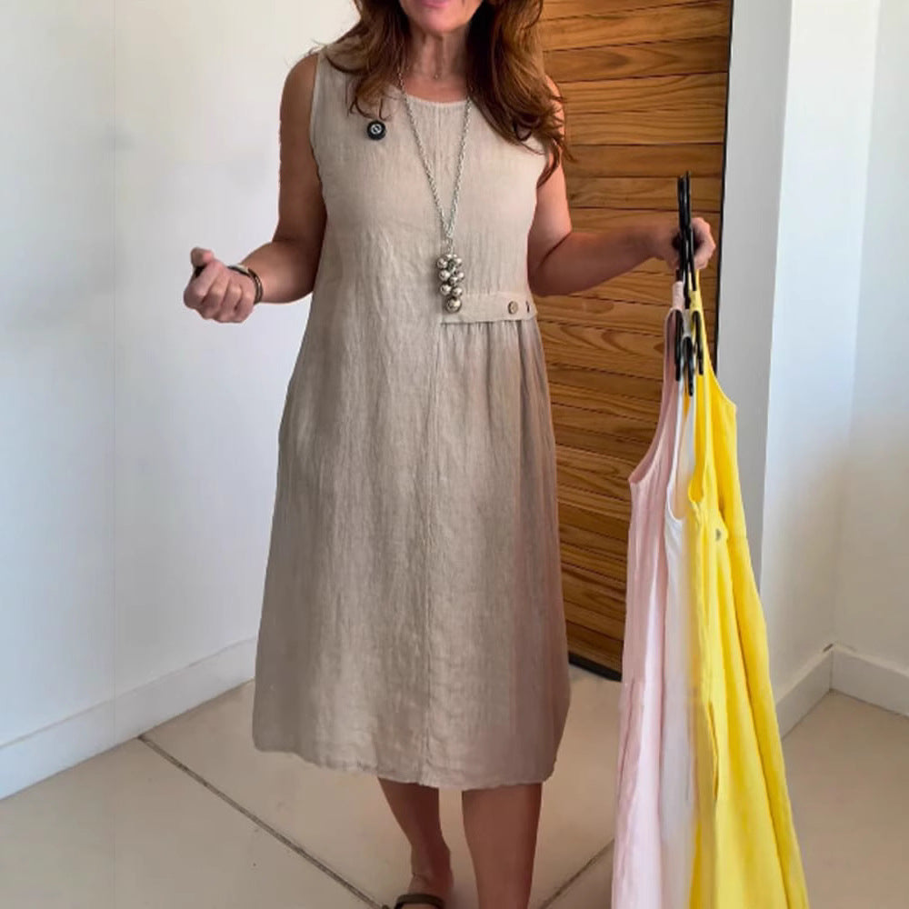 Women's Summer Button Pocket Sleeveless Round Neck Cotton Dress