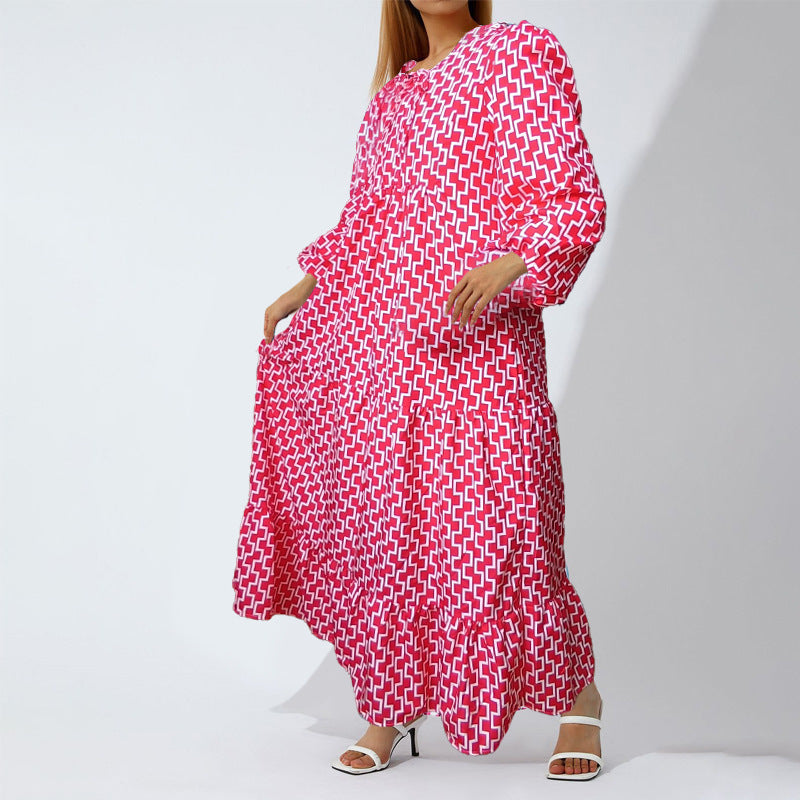 Women's Loose Bohemian Round Neck Lantern Sleeve Dress