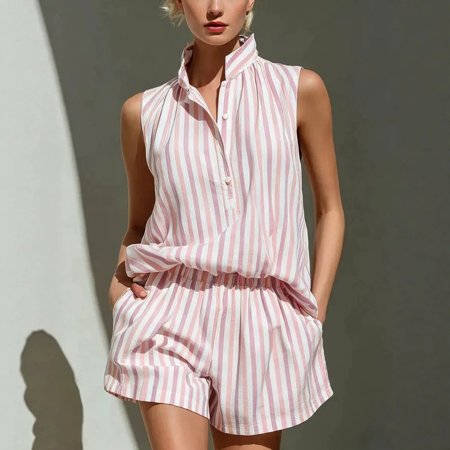 Women's Stand Collar Striped Shirt Elastic Wide Leg Fashion Casual Suit