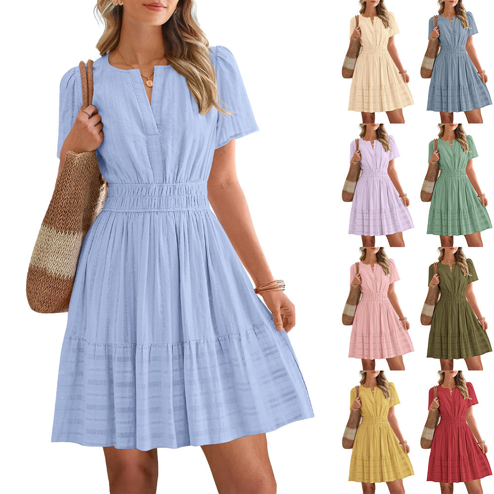 Women's Collar Pleating Puff Sleeve Large Swing Dress