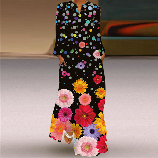 Women's Long Dress Sleeve Pocket Printed Loose Dresses