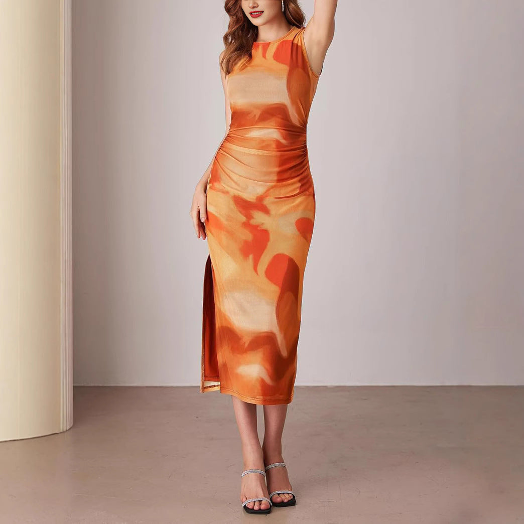Women's Tight Temperament Dress Sleeveless Mid-length Side Slit Dresses