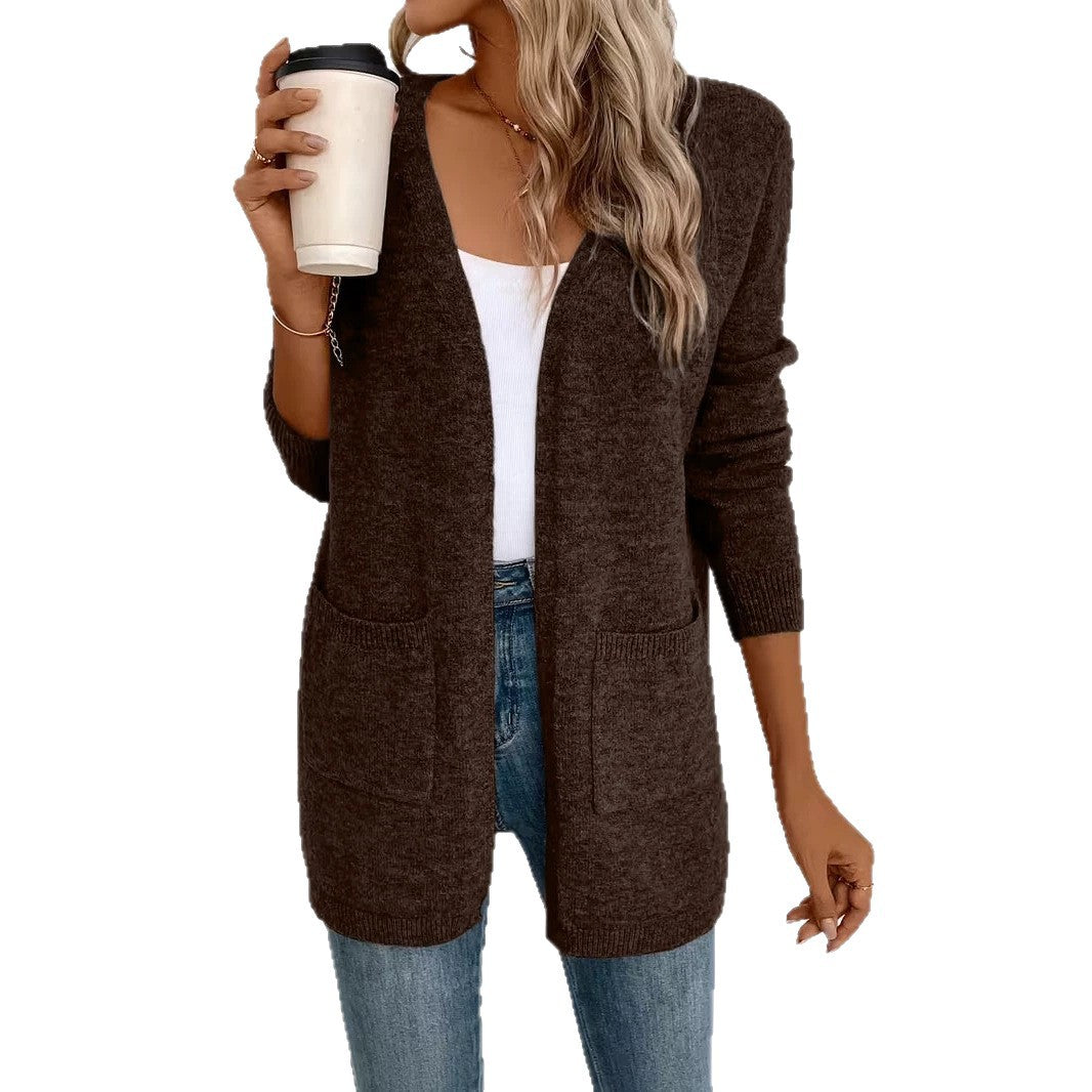 Women's Pocket Mid-length Loose Solid Color Knitwear