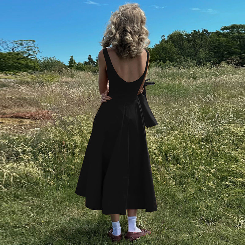 Women's Fashion Temperament Pure Color Sleeveless Waist Slim Dresses