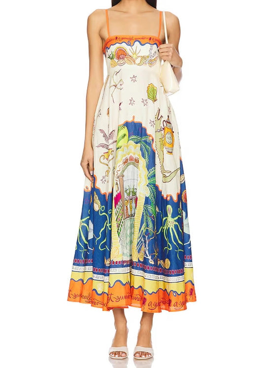 Women's Summer Elegant Printed High Waist Sling Large Swing For Island Dress
