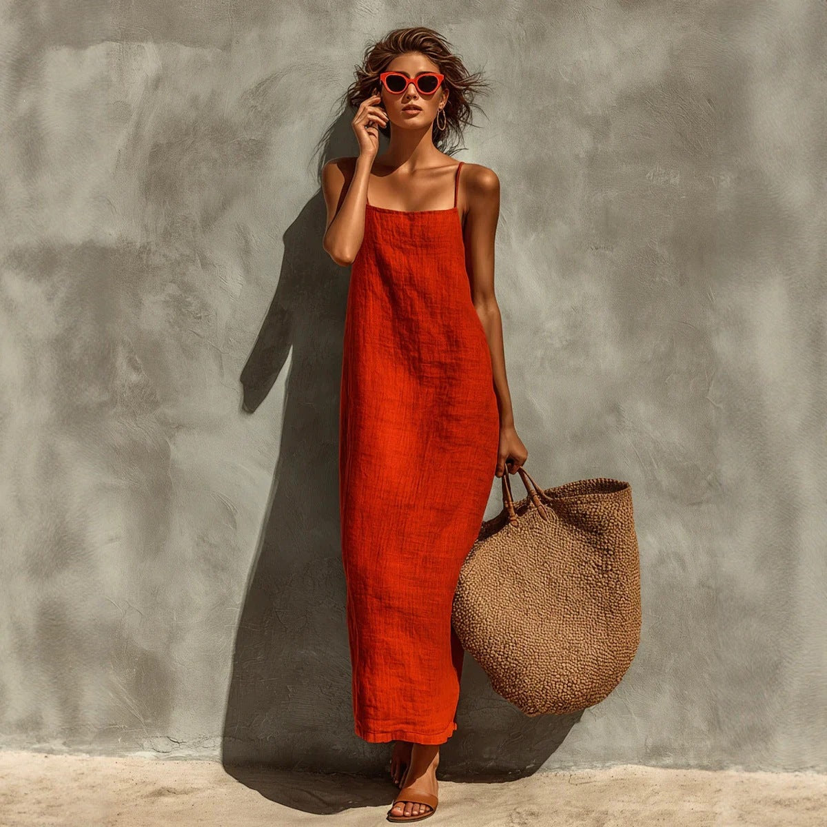 Women's Solid Color Sexy Retro Idle Style Cotton Linen Sleeveless Dress