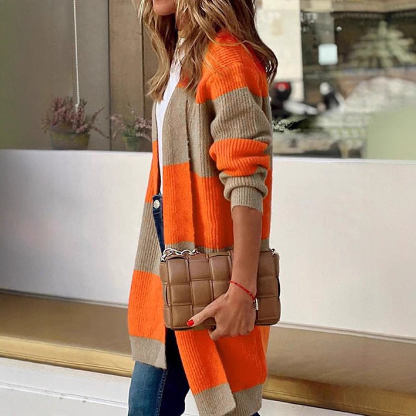 Women's Contrast Color Striped Casual Mid-length Knitted Sweaters
