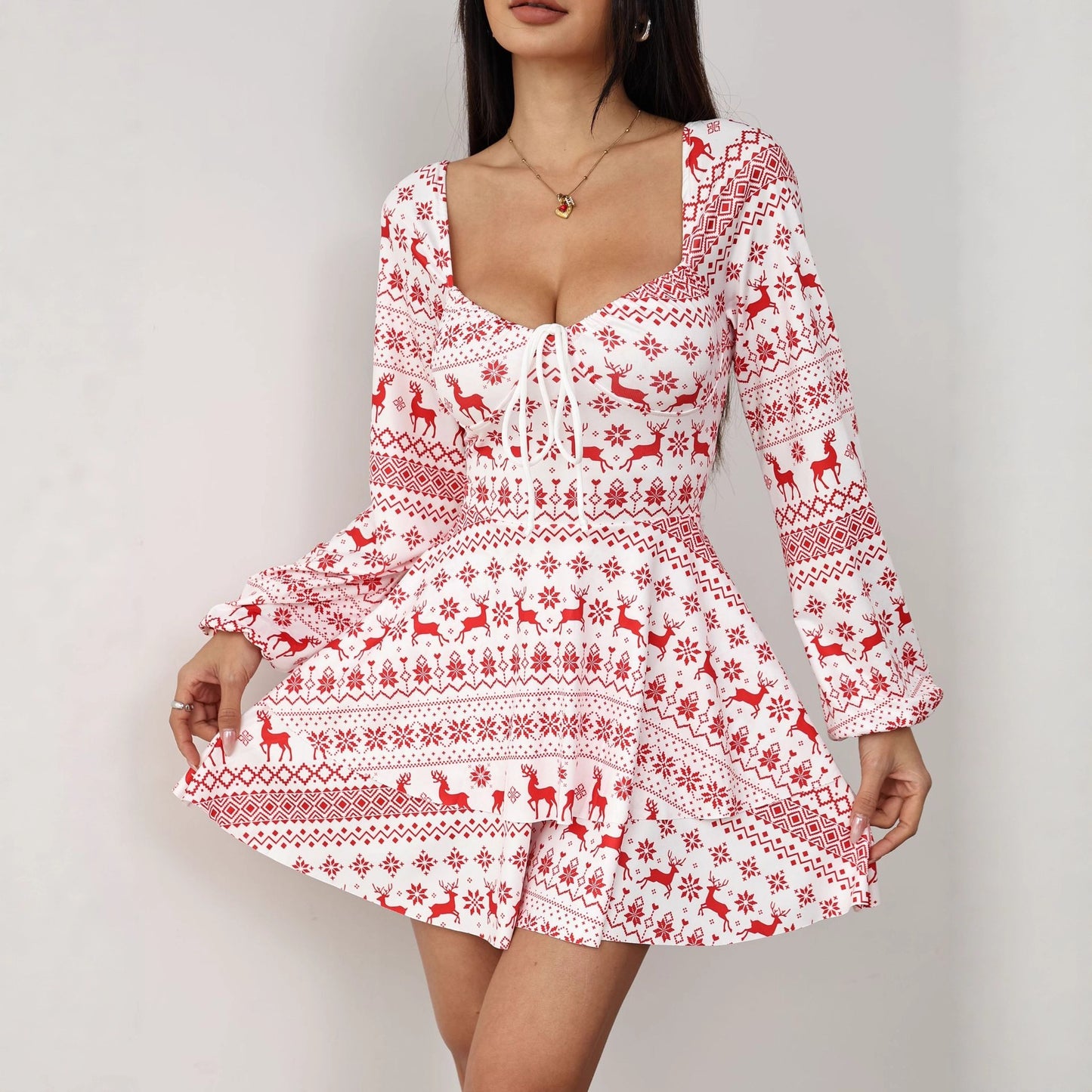 Women's Christmas Printed Drawstring Backless Long Sleeves Dress