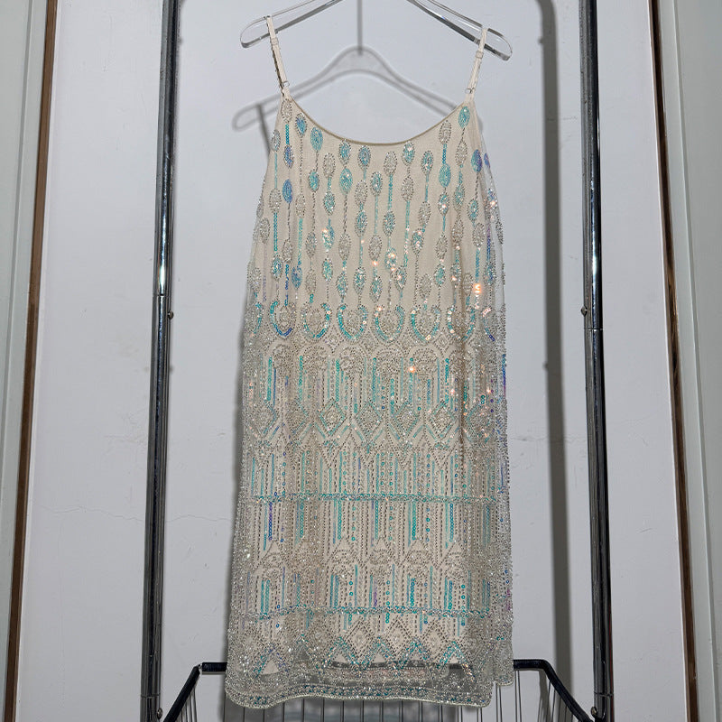 Women's Fashion Beaded Sequins Long-sleeved Stage Strap Dress