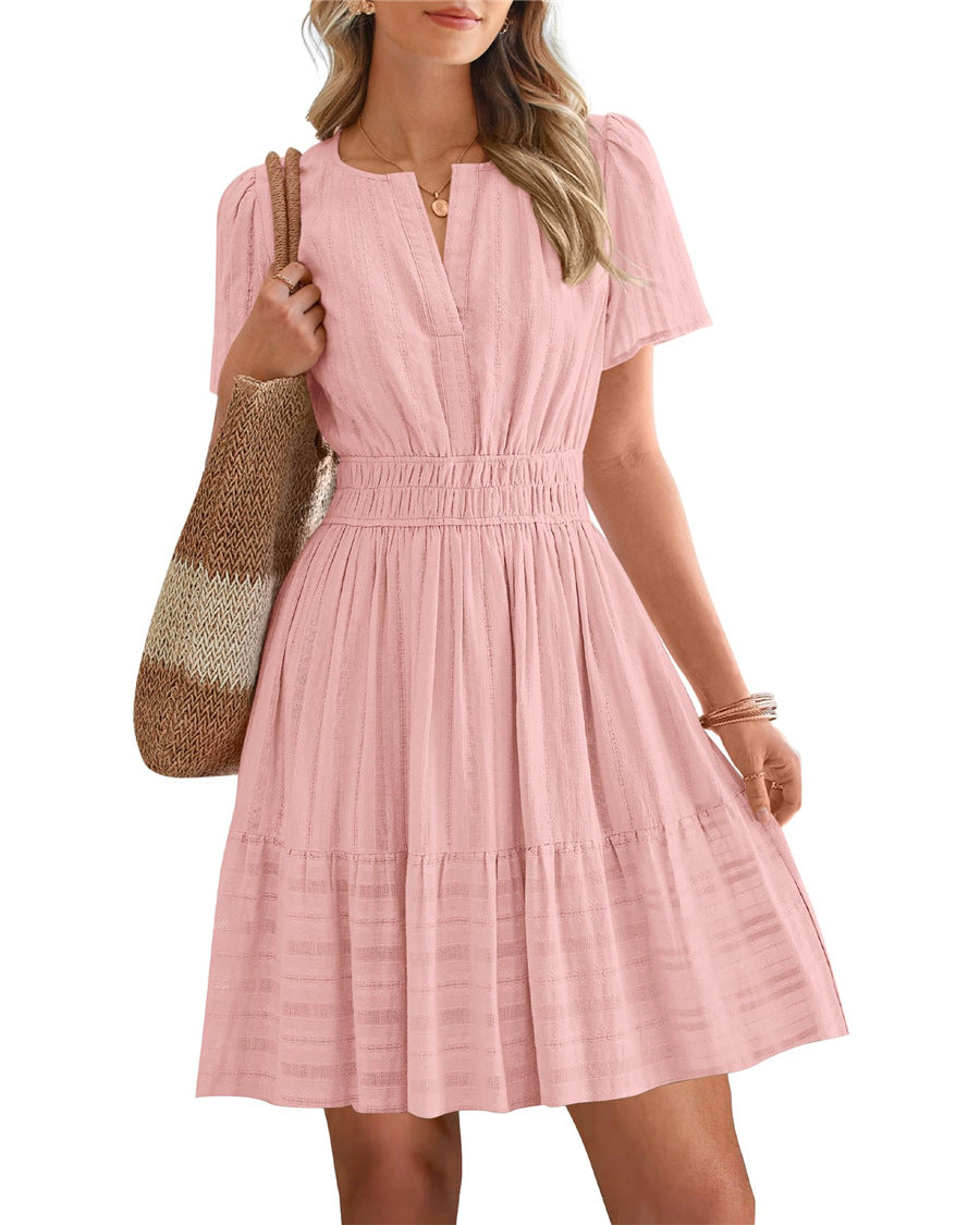 Women's Collar Pleating Puff Sleeve Large Swing Dress