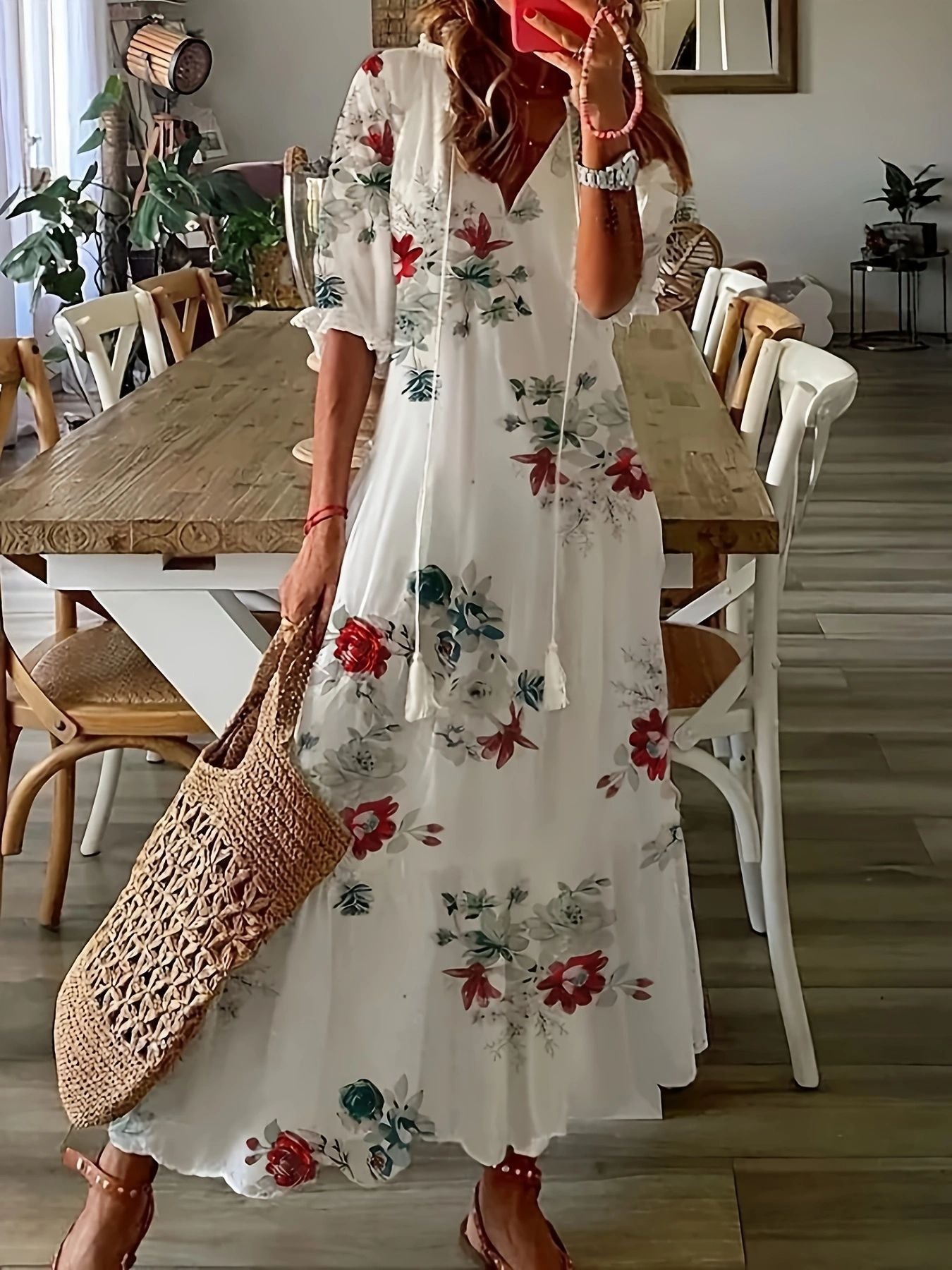 Vacation Style Flowers Summer Half Sleeves Leisure Dress