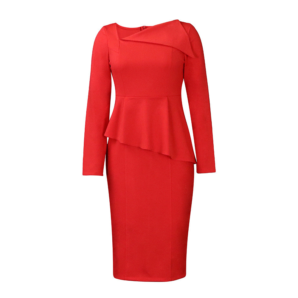 Women's Large Autumn Fashion Diagonal Collar Elegant Long Sleeve Dress