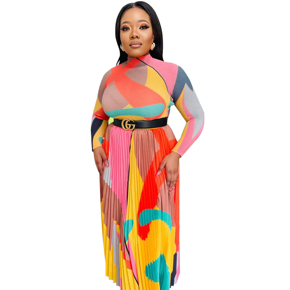 Women's Large Long-sleeved Printed Pleated Two-piece Suits