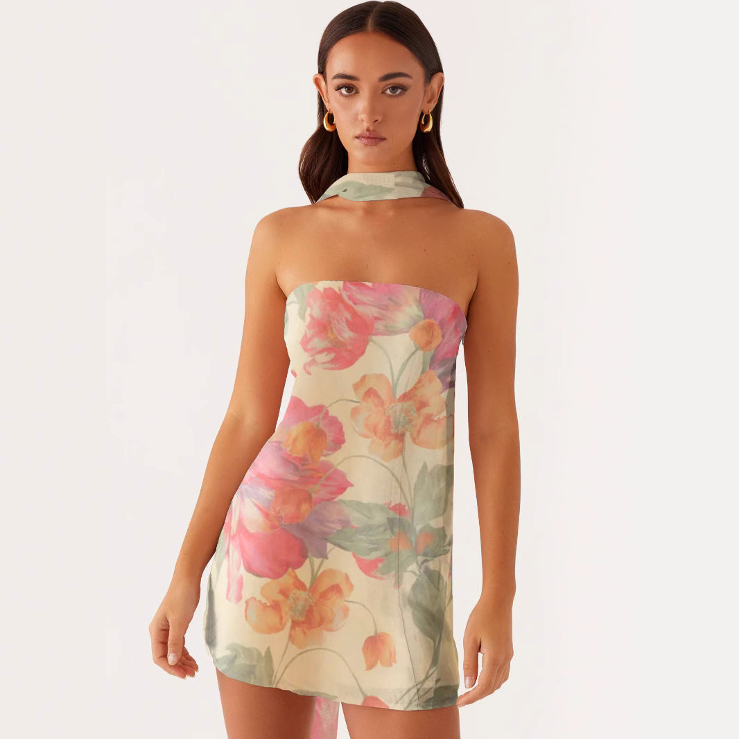 Women's Summer Halter Ribbon Printed Tube High Dress