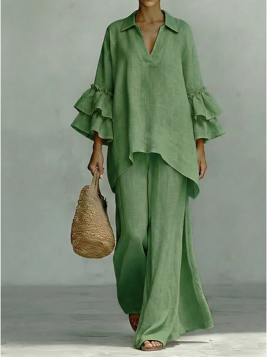 Women's Solid Color Shirt Collar Loose Trousers Fashion Casual Suit