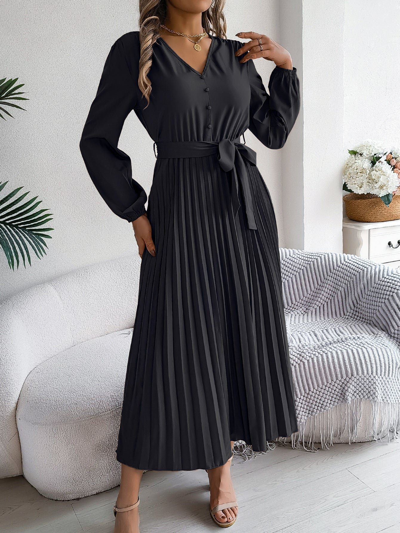 Women's Elegant Button Large Hem Pleated Maxi Clothing