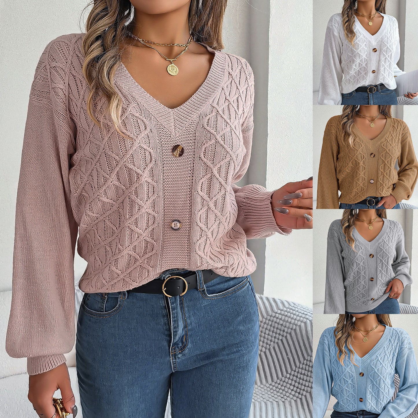 Women's Clearance Style Casual Button Twist Lantern Sleeve Sweaters
