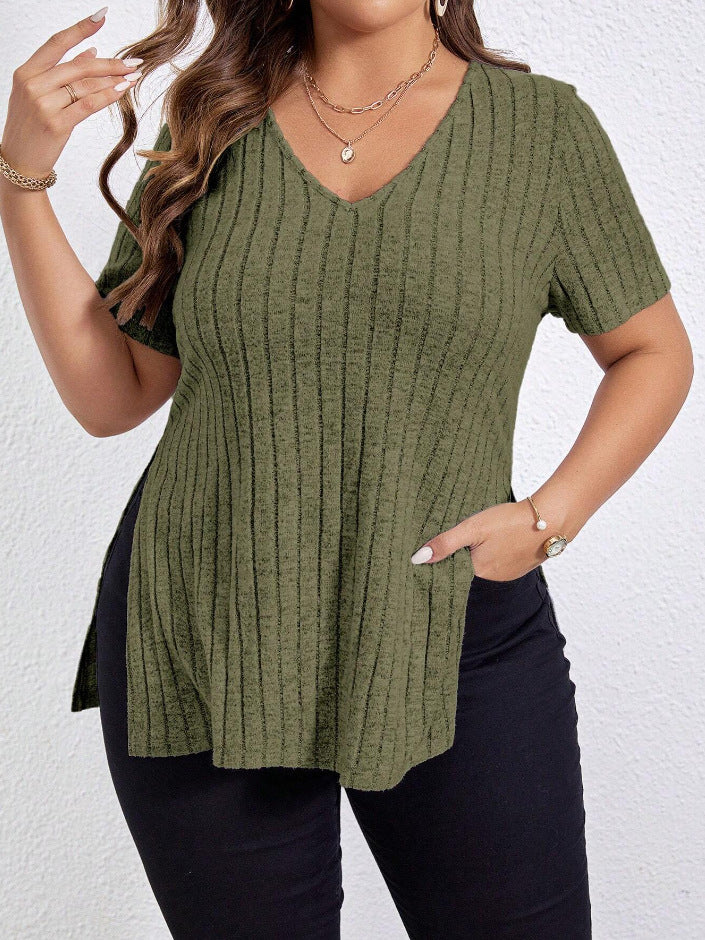 Women's Solid Color Short-sleeved Split Sunken Stripe Blouses