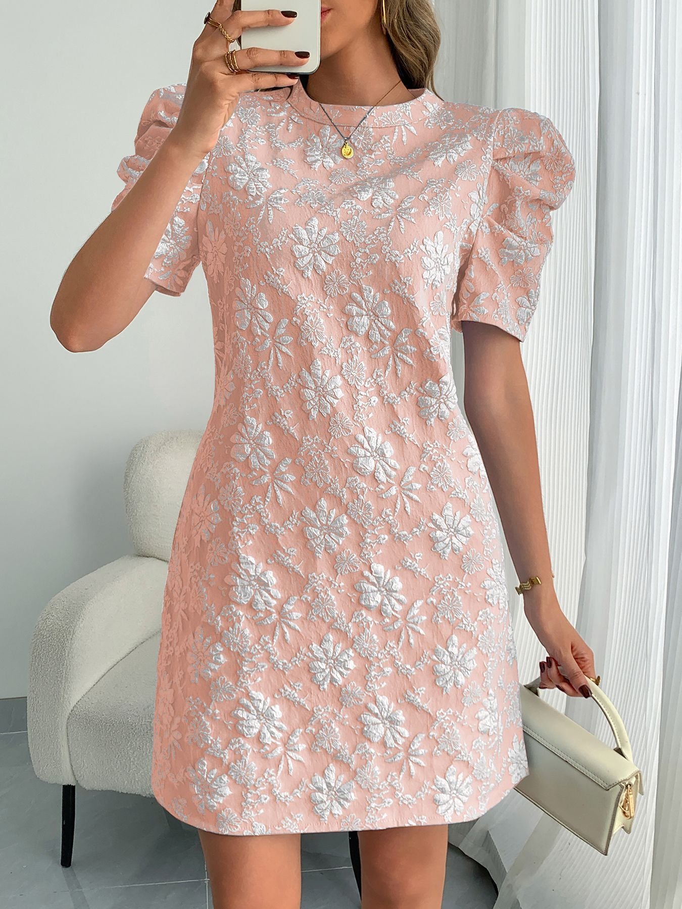 Women's Summer Bubble Sleeve Texture Jacquard Round Neck Dress