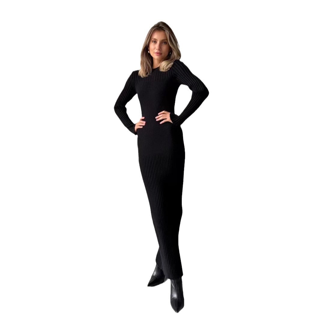 Women's Long Sleeve Dress Knitted Round Neck Sunken Stripe Dresses
