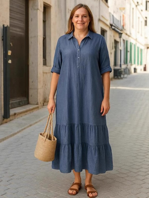 Long Irregular Shirt Collar Button Casual Dress