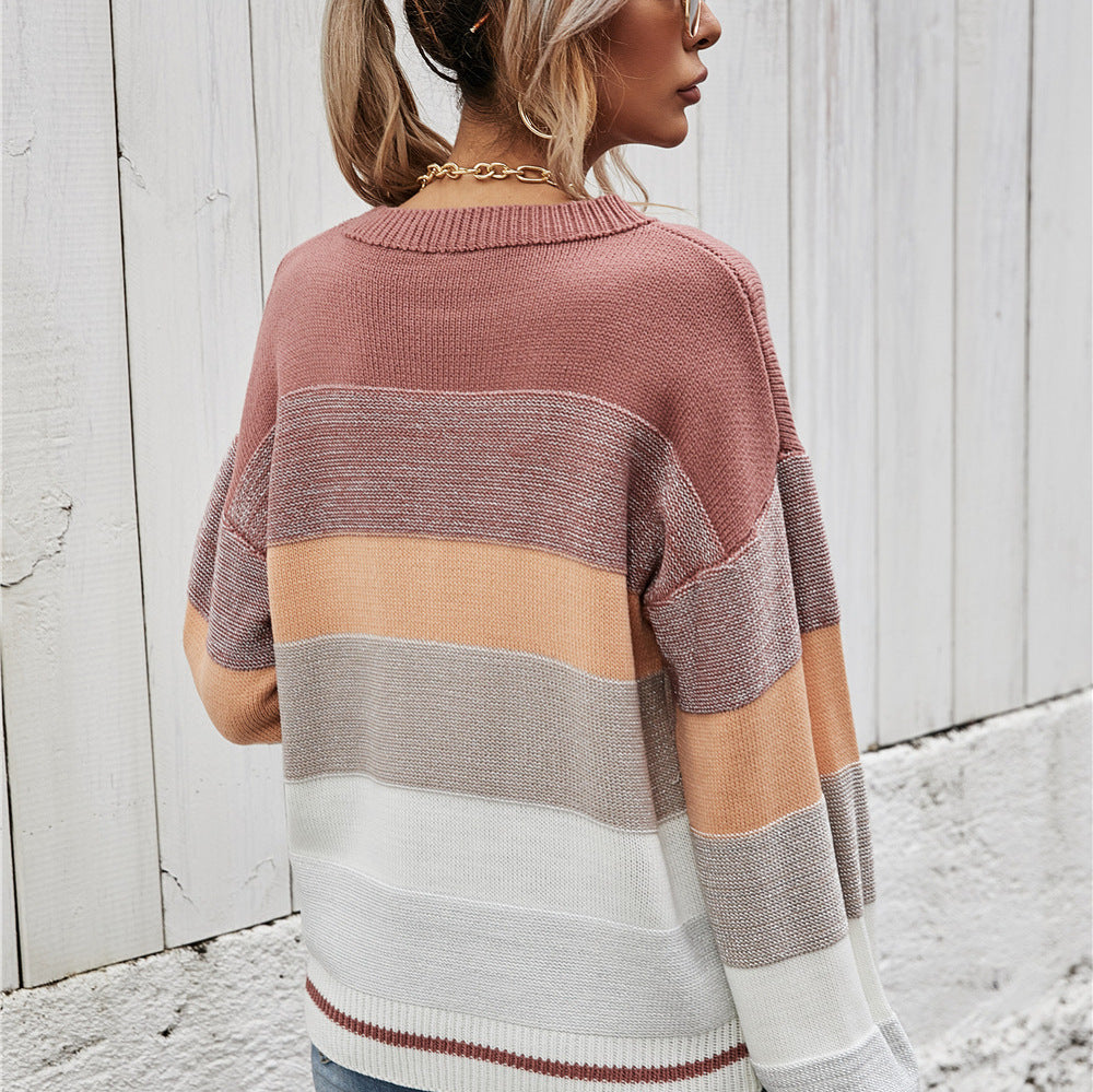 Women's Patchwork Round Neck Fashion Personalized Striped Women's Sweater