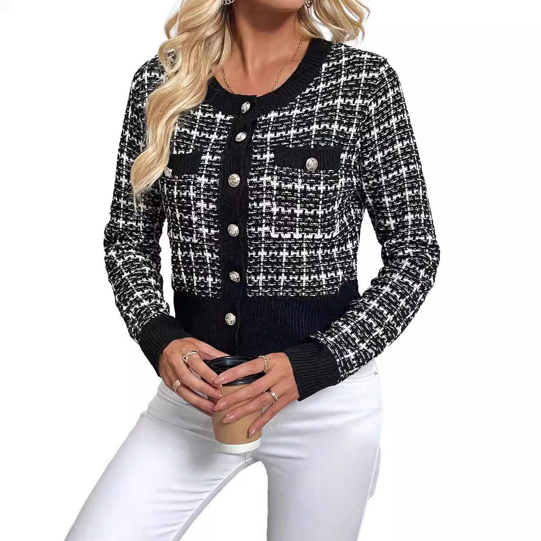 Trendy Fashion Classic Plaid Front Button Women's Sweater