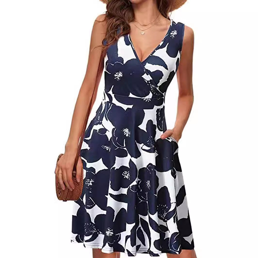 Graceful Comfortable Elegant Sleeveless Printed Pocket Dress