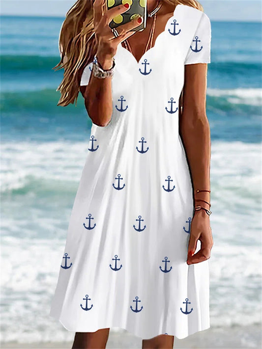 Summer Printed Short-sleeved Fluted Collar Dress Dresses