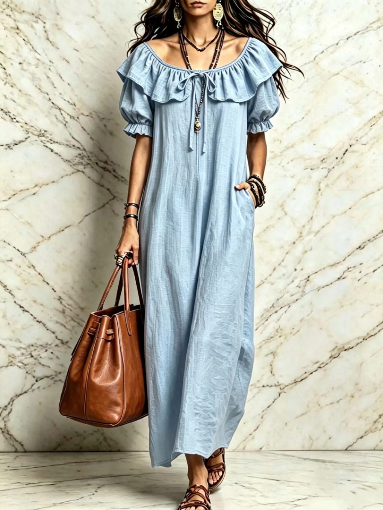 Loose Round Neck Ruffled Leisure Temperament Seaside Dress