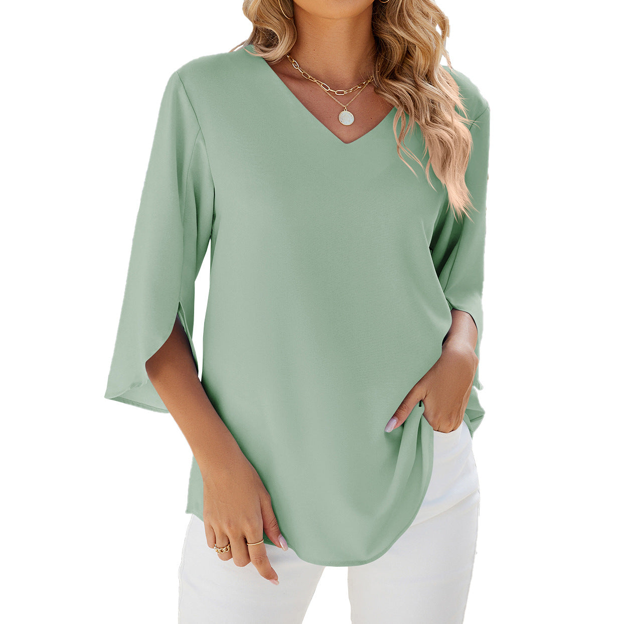 Women's Solid Color Half Sleeves Loose Chiffon Blouses