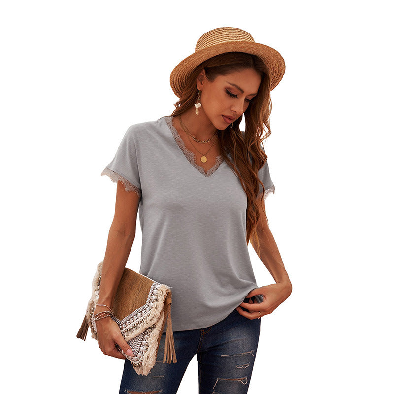 Women's T-shirt Sexy Lace Stitching Casual Short-sleeved Blouses