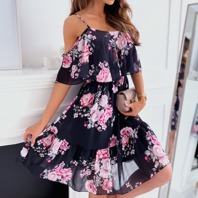 Women's Chiffon Printed Sexy Strapless Suspenders Large Hem Dress