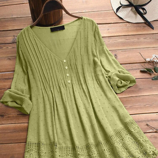 Women's Summer Jacquard Pleated Lace Hollow Out Blouses