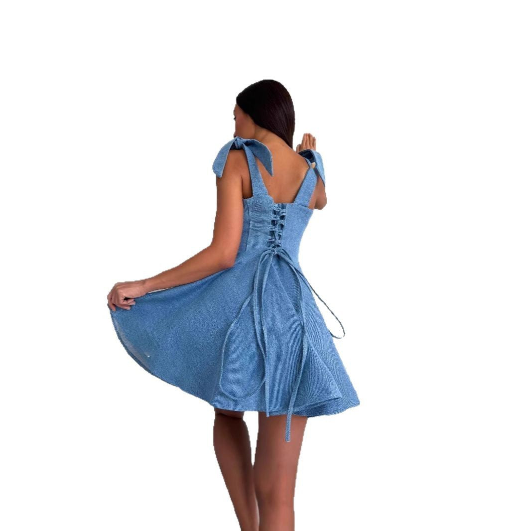 Hot Square Collar Lace Up Fishbone Tight Waist Dress