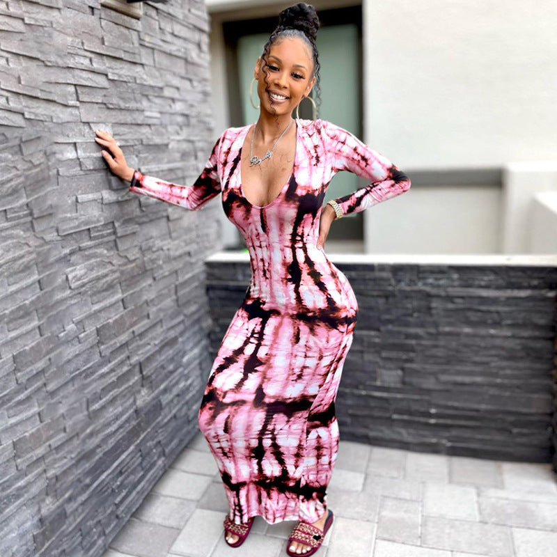 Women's Large-sized Printed Long Sleeve Close-fitting Sexy Dress