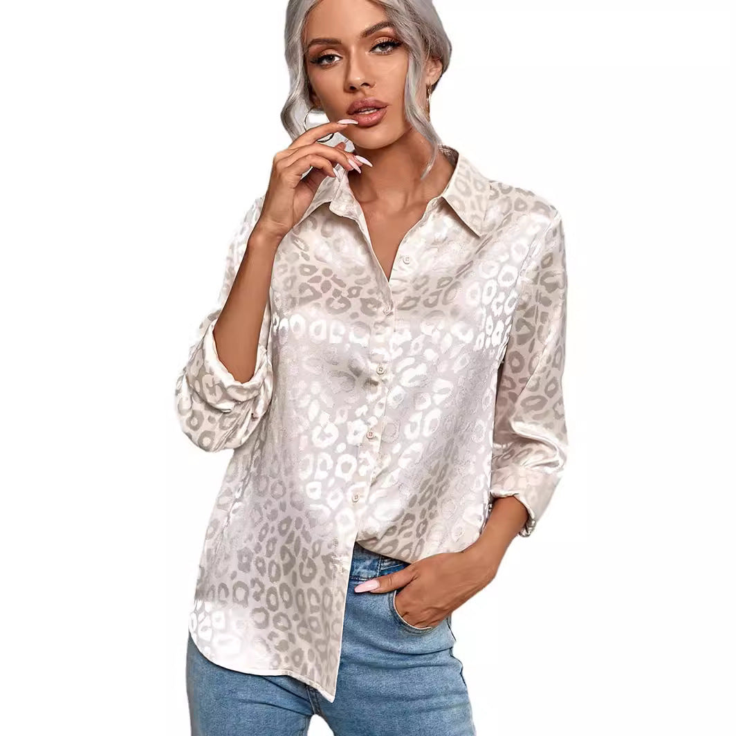 Women's Lapel Open Button Leopard Jacquard Shirt Temperament Blouses