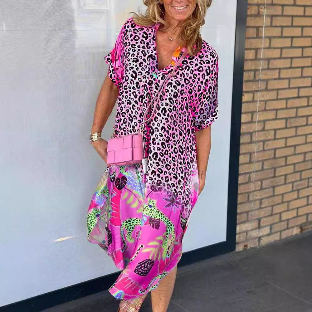 Women's Fashion Wear Half-open Collar Printed Loose Dresses