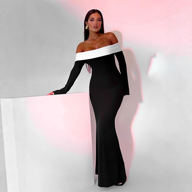 Women's Fashion Color Contrast Long Sleeve Narrow Dress